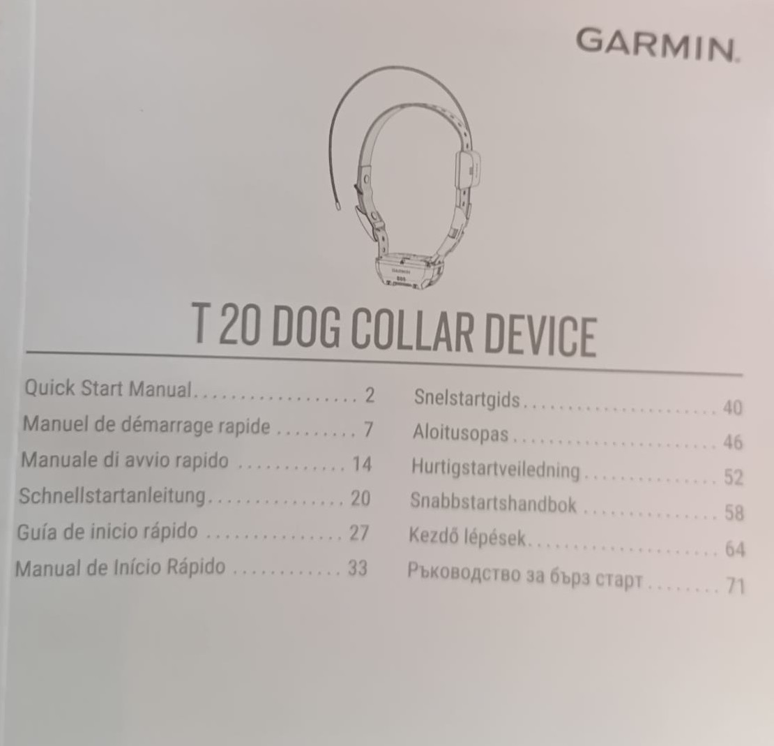 Line drawing of a Garmin T20 Dog Collar Device with the title 'T20 DOG COLLAR DEVICE' and a multilingual table of contents.