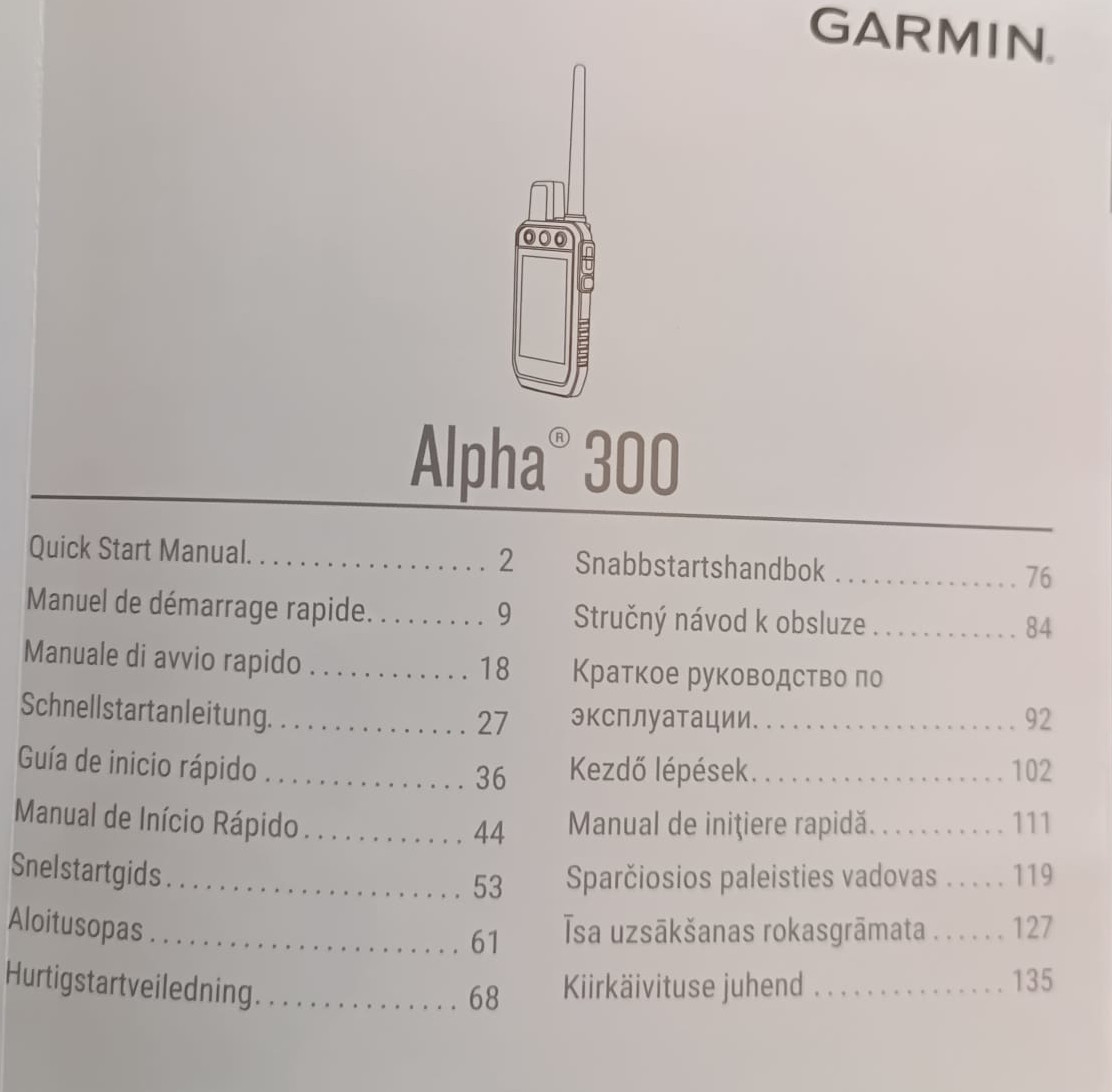 Garmin Alpha 300 manual cover with a line drawing of the handheld device and a multilingual table of contents.",