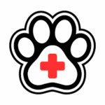 Veterinary logo: black and white paw print with a red medical cross inside