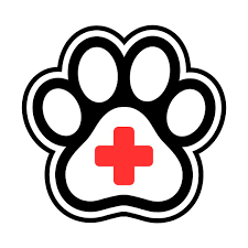 Veterinary logo: black and white paw print with a red medical cross inside